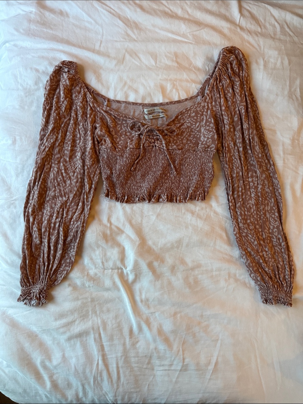 Urban Outfitters Mauve Brown Smocked Puff-Sleeve Crop Top